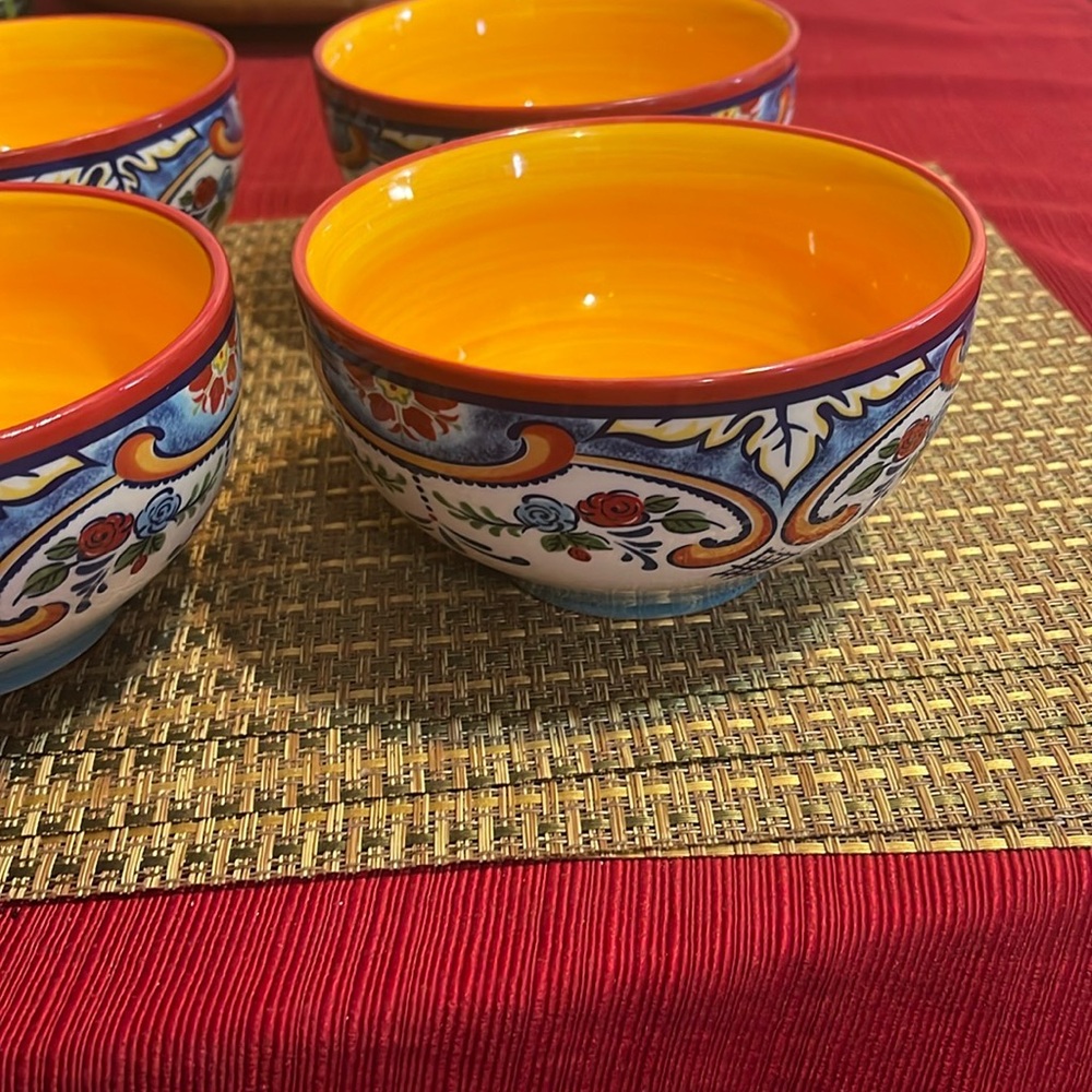 Orange and Blue Dinnerware Bowls with Intricate Patterns
